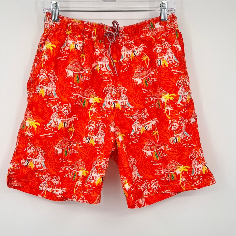 Peter Millar Mens Red Tropical Beach Hut Print Swim Trunks Size M Board Shorts